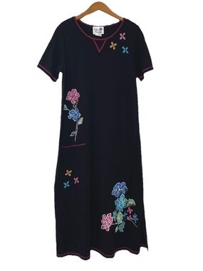 Vintage Copa Cabana Black Knit  Maxi Dress Women’s Medium Glitter Floral